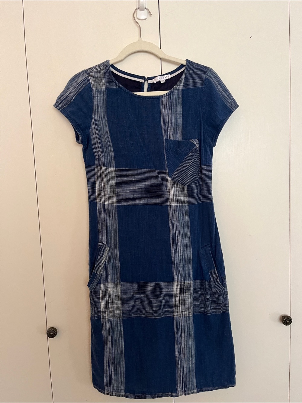 Blue Plaid Short-Sleeve Shift Dress